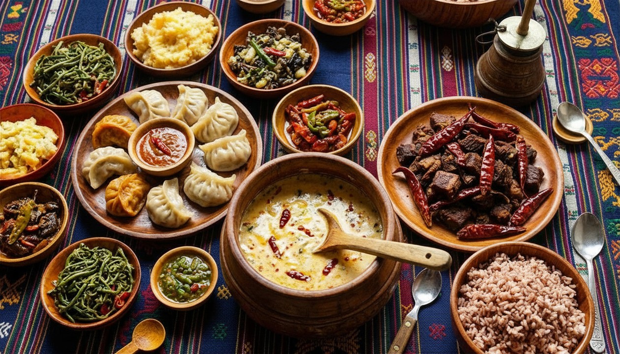 A traditional Bhutanese meal with ema datshi, red rice, and momos served in handcrafted bowls