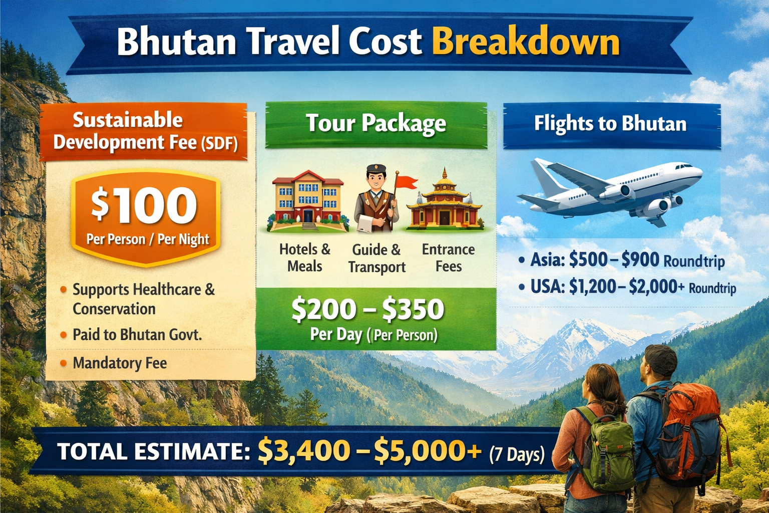 Travelers exploring Bhutan with mountain scenery