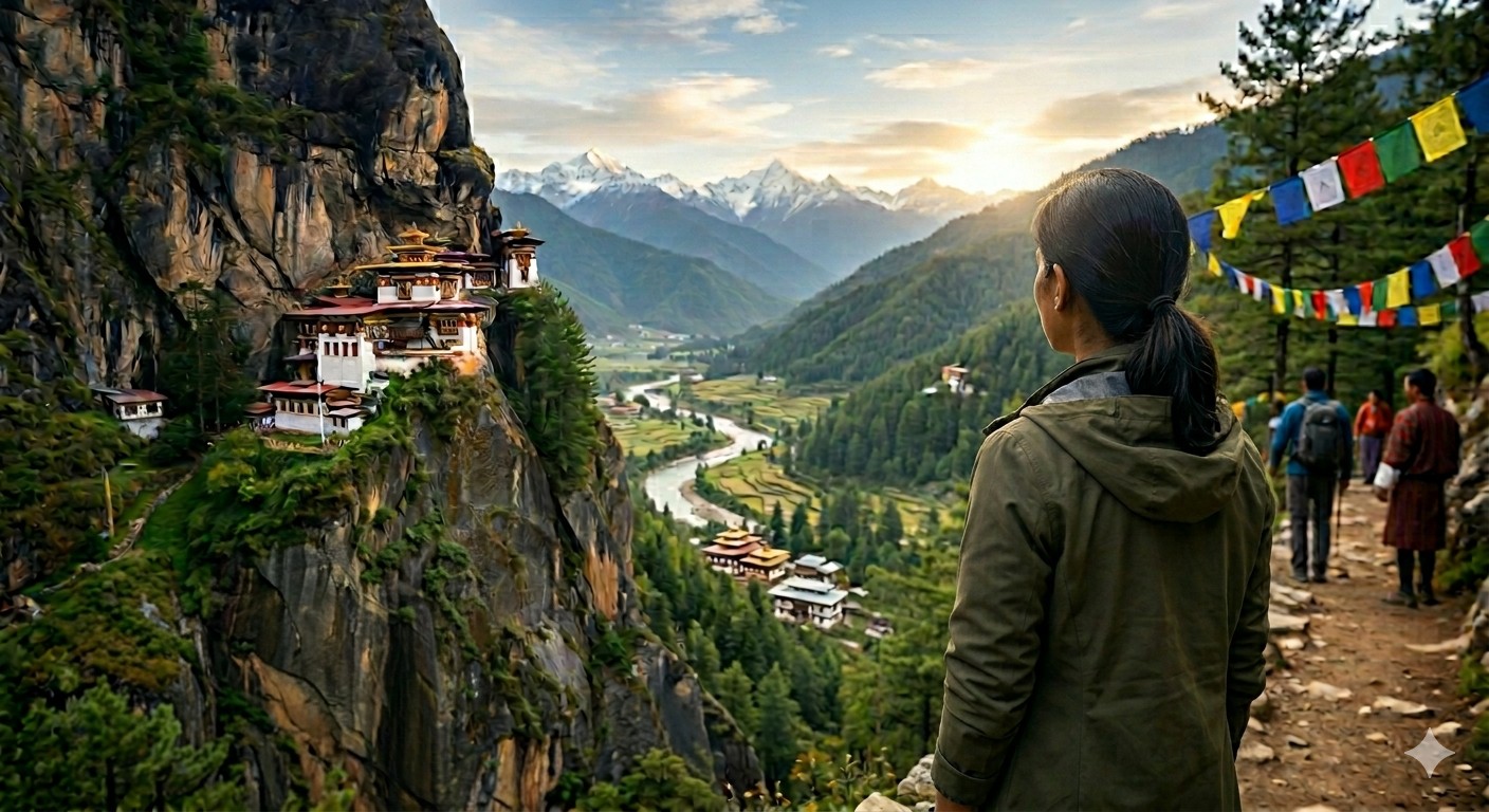 Scenic view of Tiger's Nest monastery perched on a Bhutan cliffside with lush green valley below